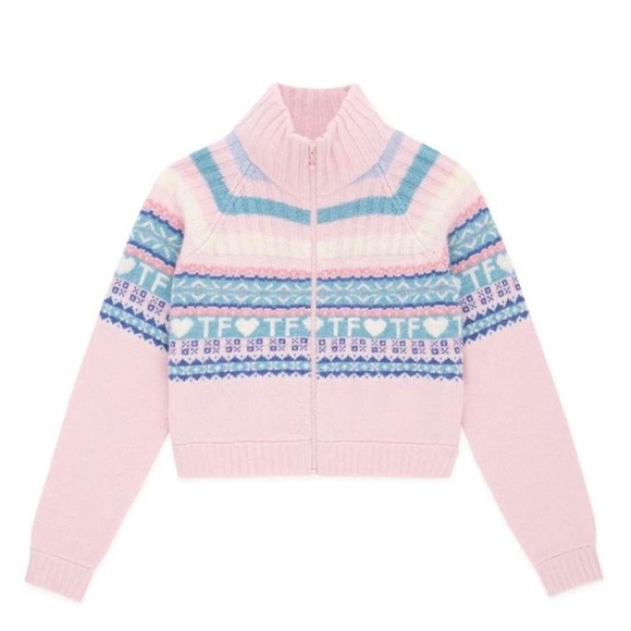 Teddy Fresh Merino Wool Blend Pink Fairisle Full Zip Knit Cardigan Sweater XL - Picture 1 of 11